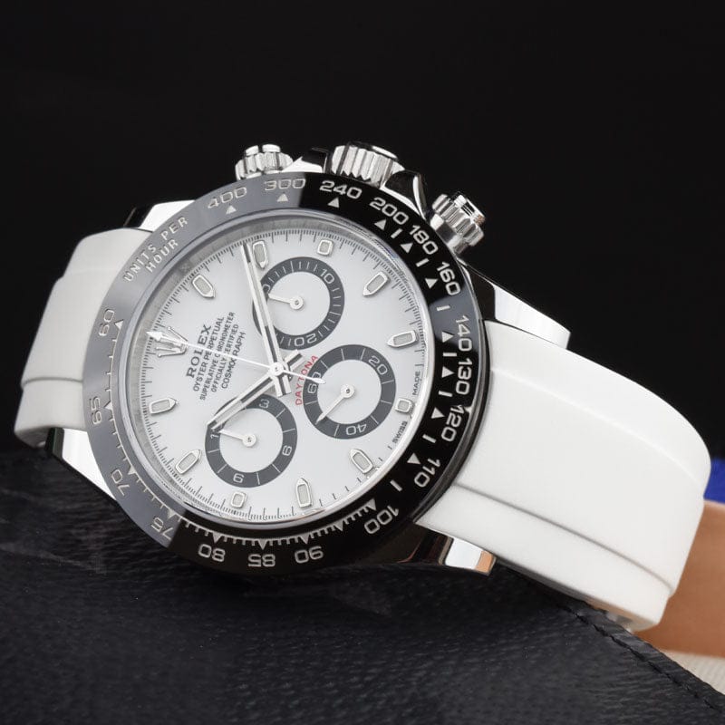 Rolex Daytona "Panda" 116500LN watch paired with white rubber strap