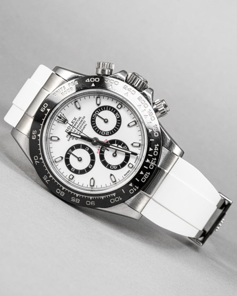Rolex Daytona "Panda" 116500LN watch paired with  white rubber strap